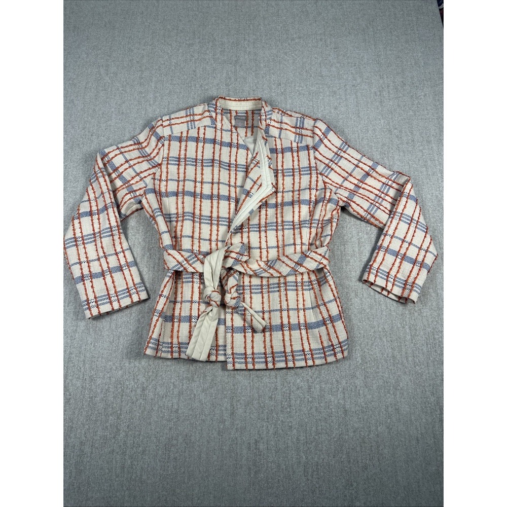Chico's Blazer Jacket Women Size 2 Ivory Orange Blue Tweed Plaid Tie Waist